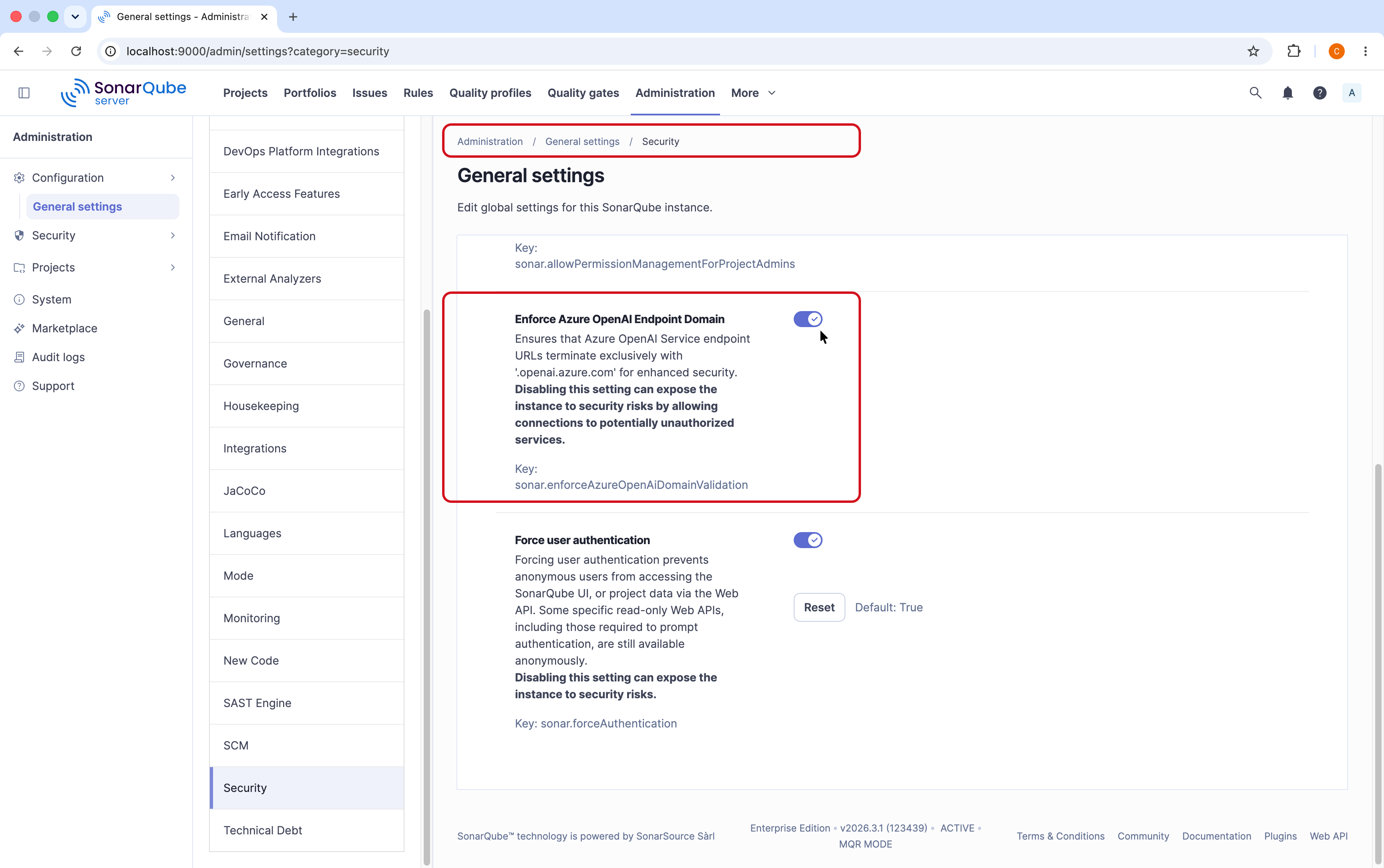 The Enforce Azure OpenAI Endpoint Domain setting in the Security section of General Settings.